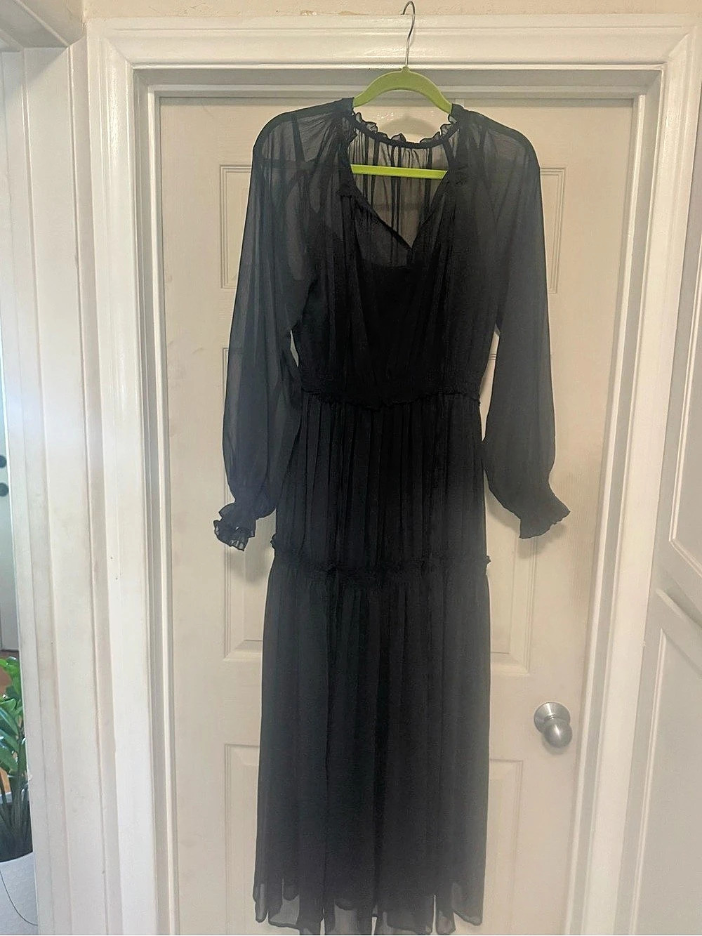 Commense Ruffled Chiffon Semi-Sheer Long Sleeve Dress Black Maxi Dress Size Smal